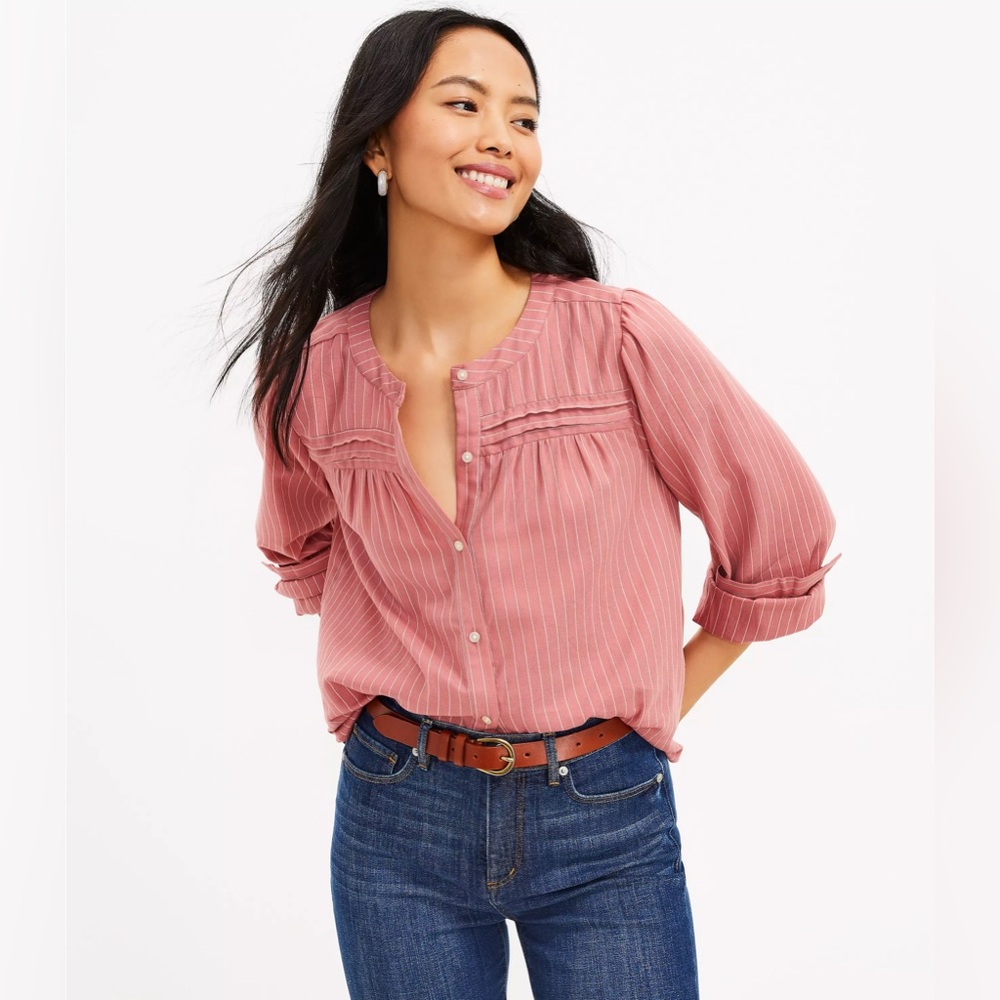 LOFT Striped Pleated Blouse in Pressed Petal Pink size Large Style #597118
